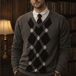 Lyle & Scott Men's Gray Argyle V-Neck Cotton Sweater Dark Academia Preppy